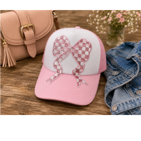 Checkered Bow Embroidered Patch Hat