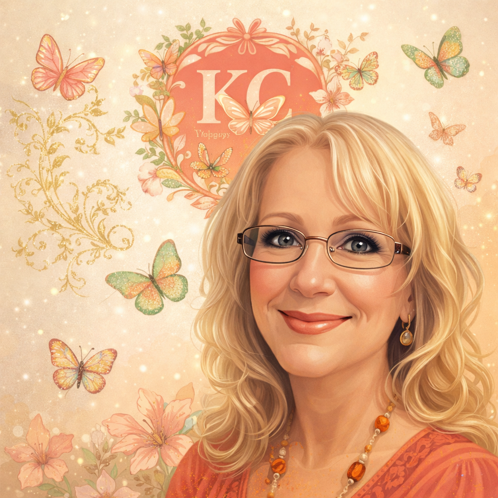 A woman with blonde curly hair wearing glasses, jewelry, and an orange top, smiling in front of a decorative background featuring butterflies, pink flowers, and orange accents with the initials 'KC' in a heart-shaped motif.