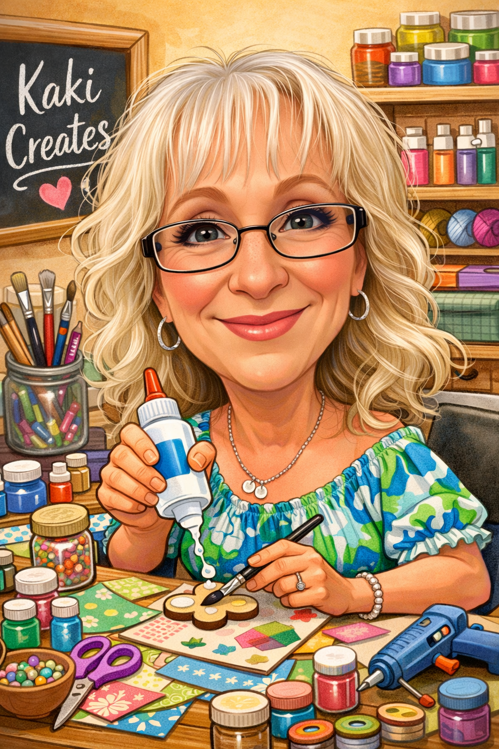 A woman with glasses and curly blonde hair smiling while holding glue in a craft room filled with art supplies, including paint jars, brushes, scissors, and decorated cutouts.