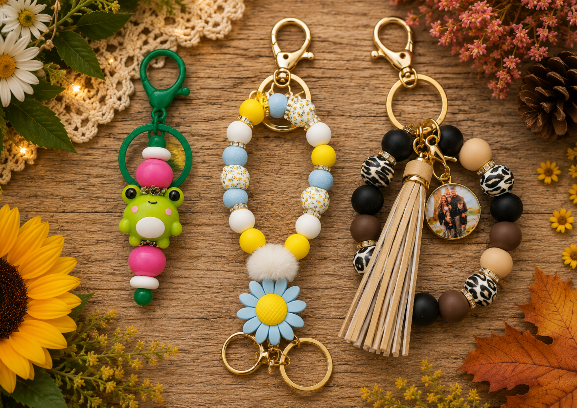 Colorful beaded keychains and accessories arranged on a wooden surface surrounded by fall flowers and leaves.