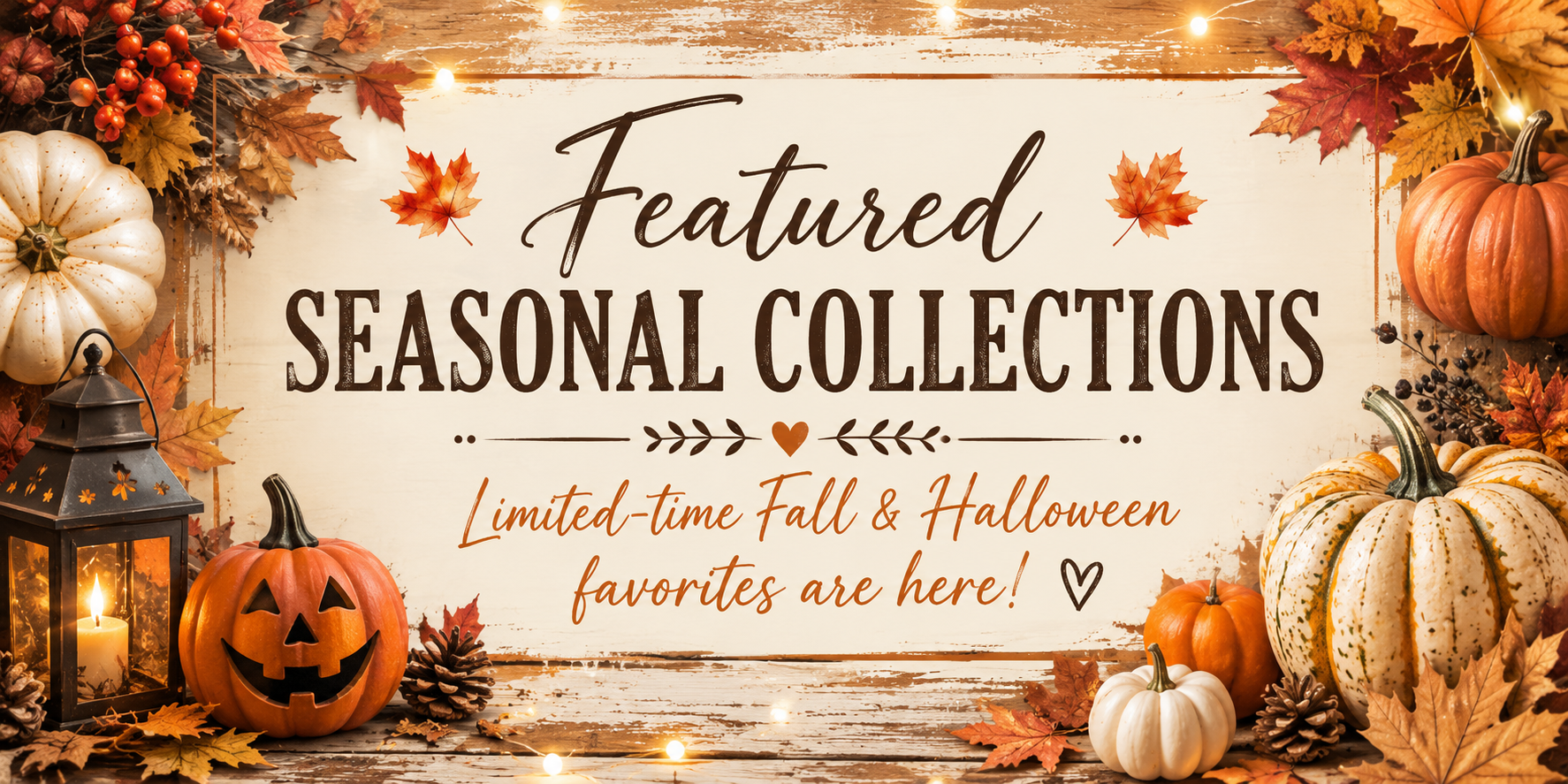 Autumn-themed display with pumpkins, fall leaves, pine cones, and a lantern, with a sign promoting seasonal collections for fall and Halloween.