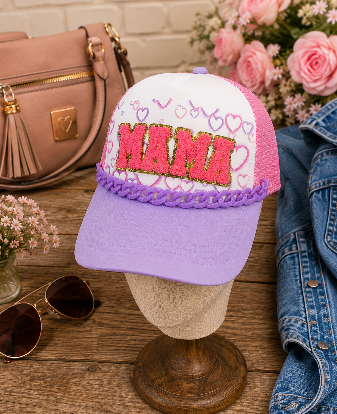 Hat MAMA purple pink side and back view model.png