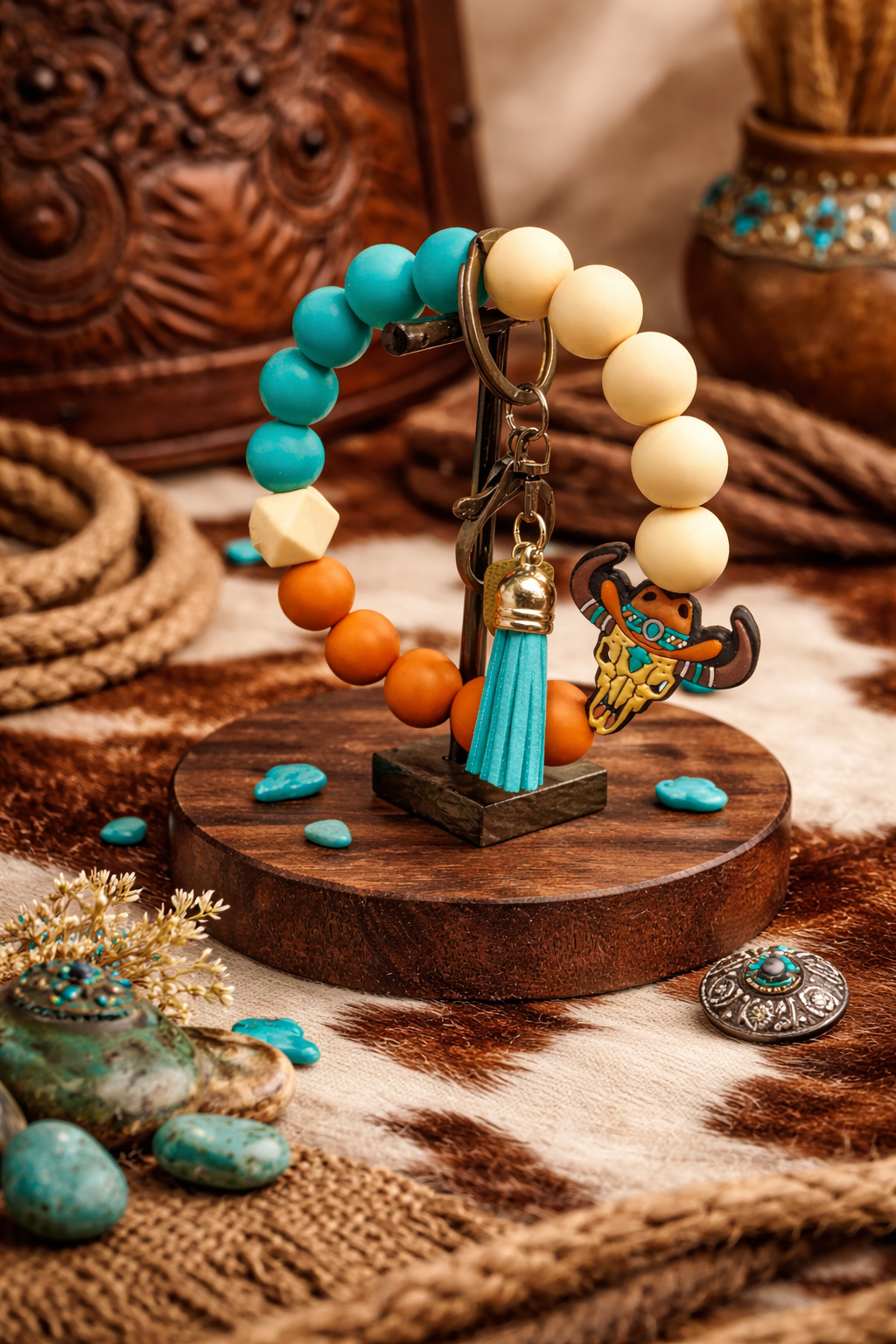 Turquoise Western Cow Skull Wristlet Keychain.png