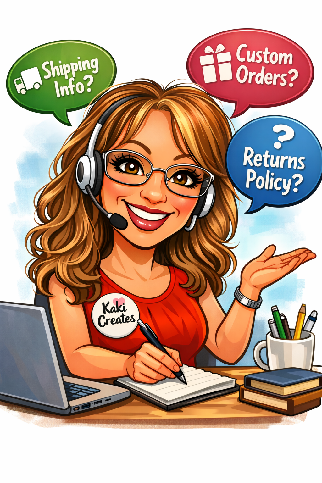 Cartoon image of a smiling woman with long wavy hair and glasses, wearing a red shirt with a name tag that says 'Kaki Creates.' She is seated at a desk with a laptop, notebooks, and a mug filled with pens and pencils. She is wearing a headset with a microphone and gesturing with her hand. Colored speech bubbles around her say 'Shipping Info?', 'Custom Orders?', and '? Returns Policy?'