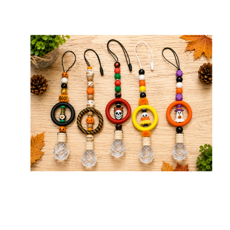 Handmade Fall & Halloween Beaded Car Diffuser Hanger | Refillable Essential Oil Car Freshener | Rearview Mirror Charm