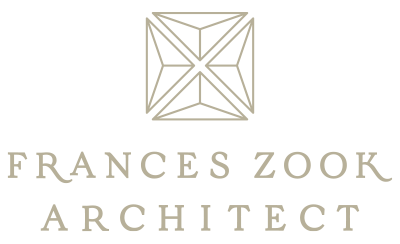 Logo for Frances Zook Architect featuring a geometric design above the name in beige and black colors.