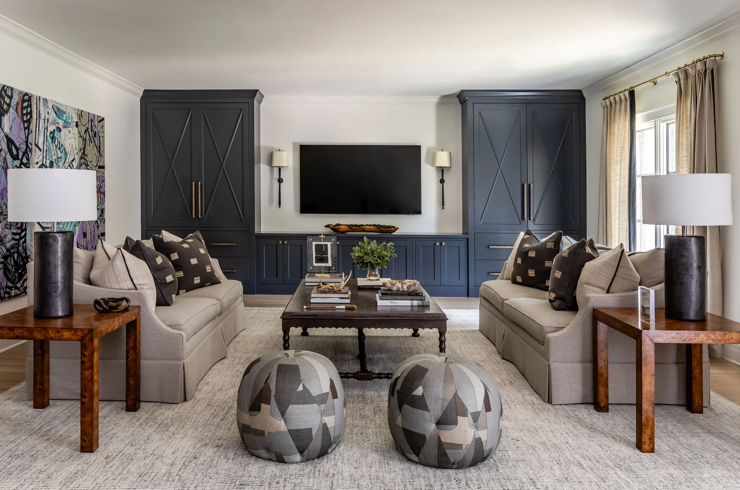 living room, media room, built ins whole house renovation Whole house renovation and addition pool, pool house, outdoor living Built or renovated by Macallan Custom Homes in Atlanta, GA. Custom Home and Renovations Builder