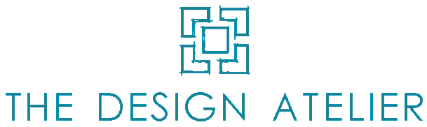 Logo of The Design Atelier, featuring a geometric square design above the company name in light blue text.
