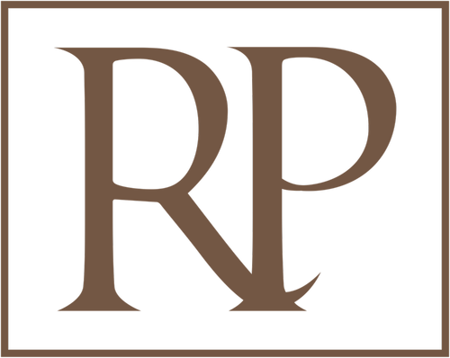 A logo with a black background and large brown letters 'RP' in the center.