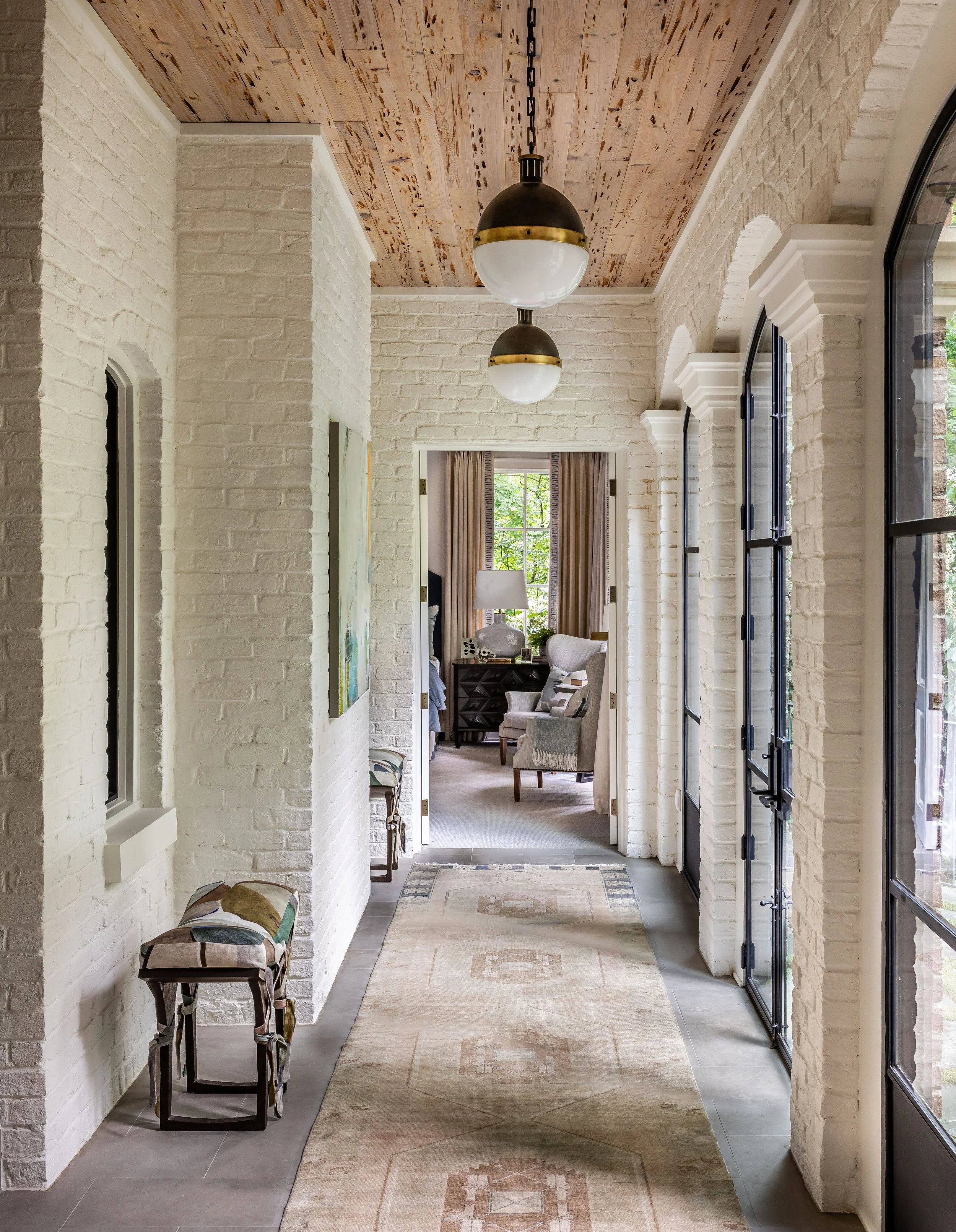 hallway, wood ceiling, light fixtures whole house renovation Whole house renovation and addition pool, pool house, outdoor living Built or renovated by Macallan Custom Homes in Atlanta, GA. Custom Home and Renovations Builder