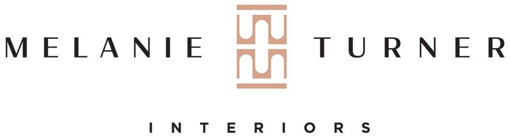 Logo for Melanie Turner Interiors featuring her name and stylized emblem in beige and black.