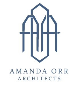 Logo for Amanda Orr Architects featuring stylized geometric building and an architectural compass.