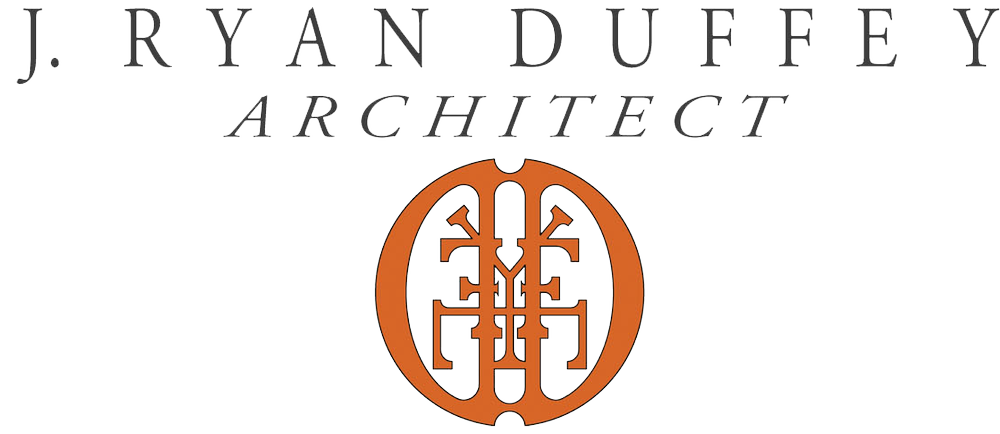 Text reads 'J. RYAN DUFFY ARCHITECT' above an ornate circular logo with geometric and abstract design elements.
