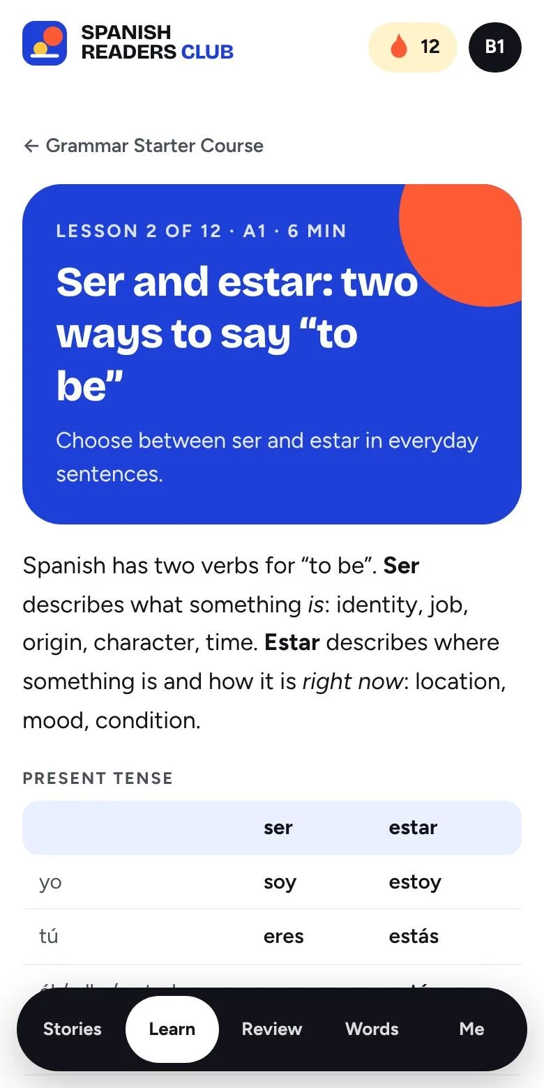 a screen shot of the Spanish readers club app