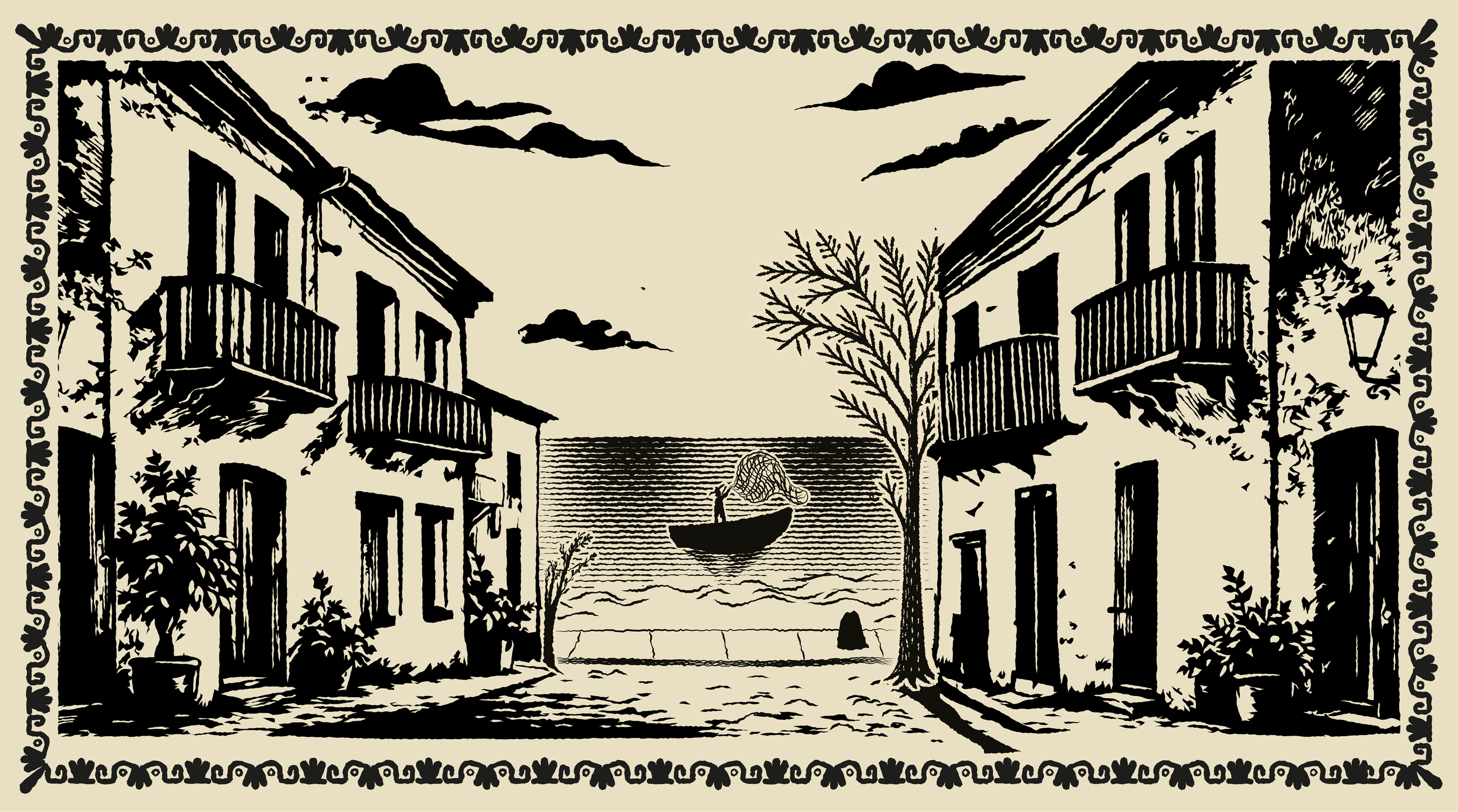 A black and white illustration, in the style of a woodblock print, of a quaint mexican village where there is a mural of a traditional fisherman throwing a net