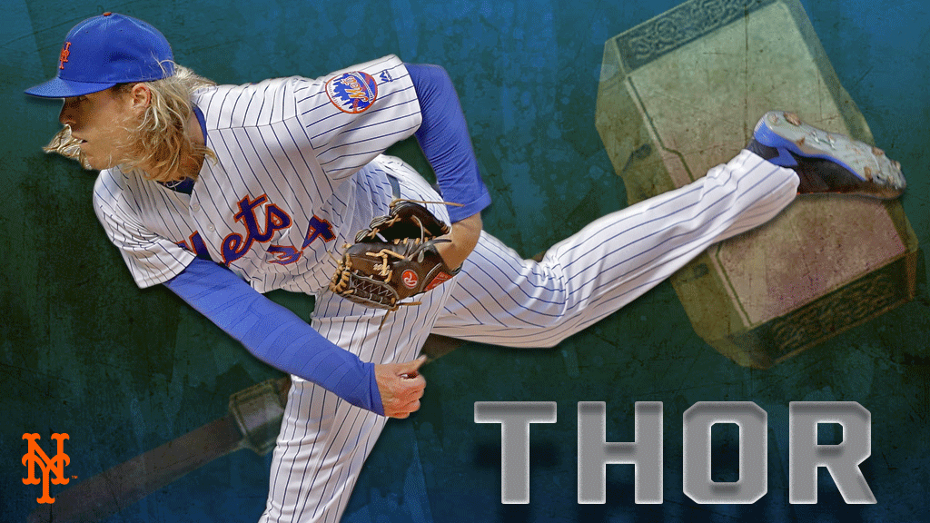 Baseball pitcher in a Mets uniform throwing a pitch, with "THOR" and the Mets logo in the background.