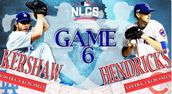 Promotional graphic for 2016 NLCS Game 6 featuring pitchers, Kershaw and Hendricks, with stats and team logos.