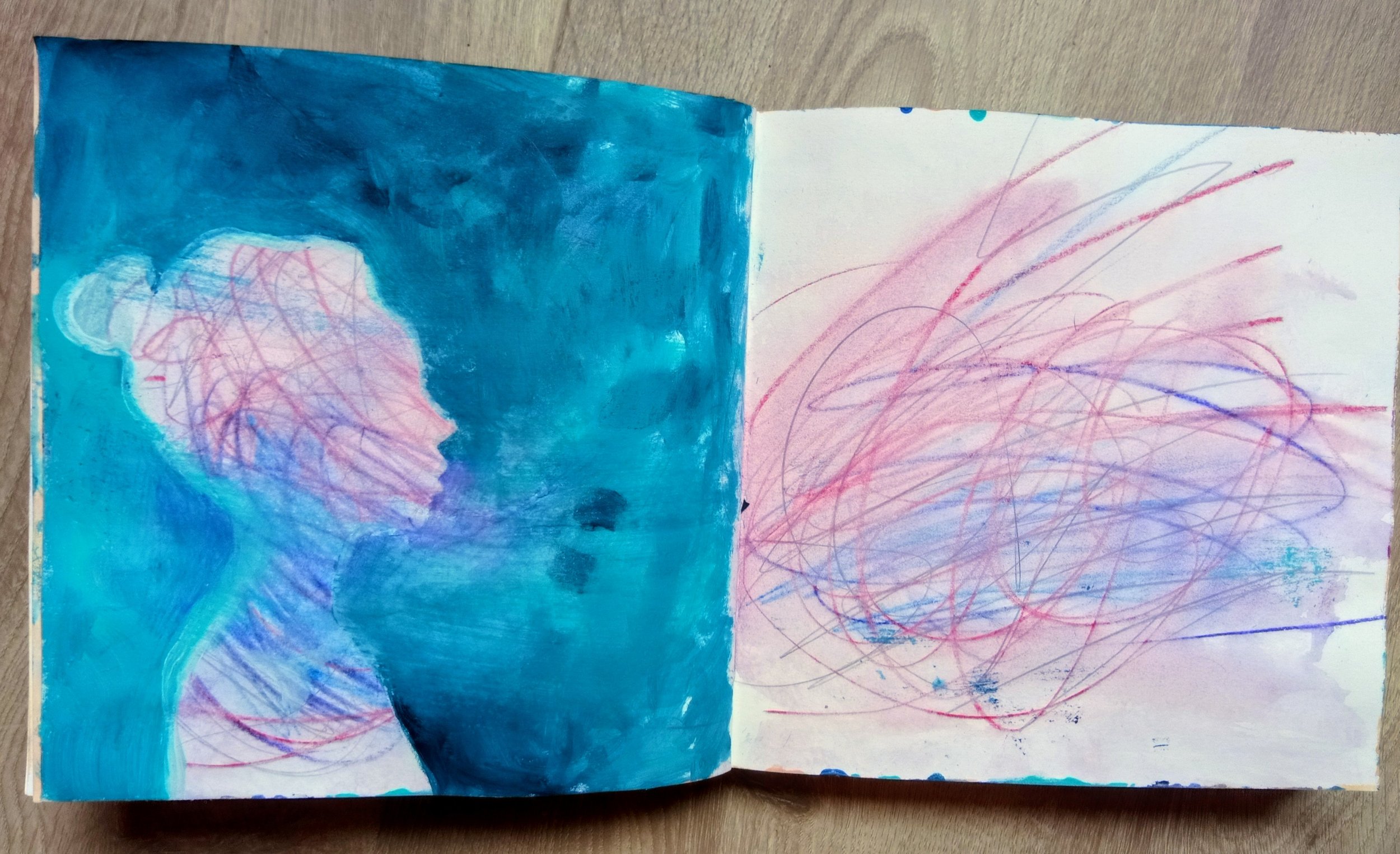 I like the energetic lines inside the head shape here. Created with water color pencils