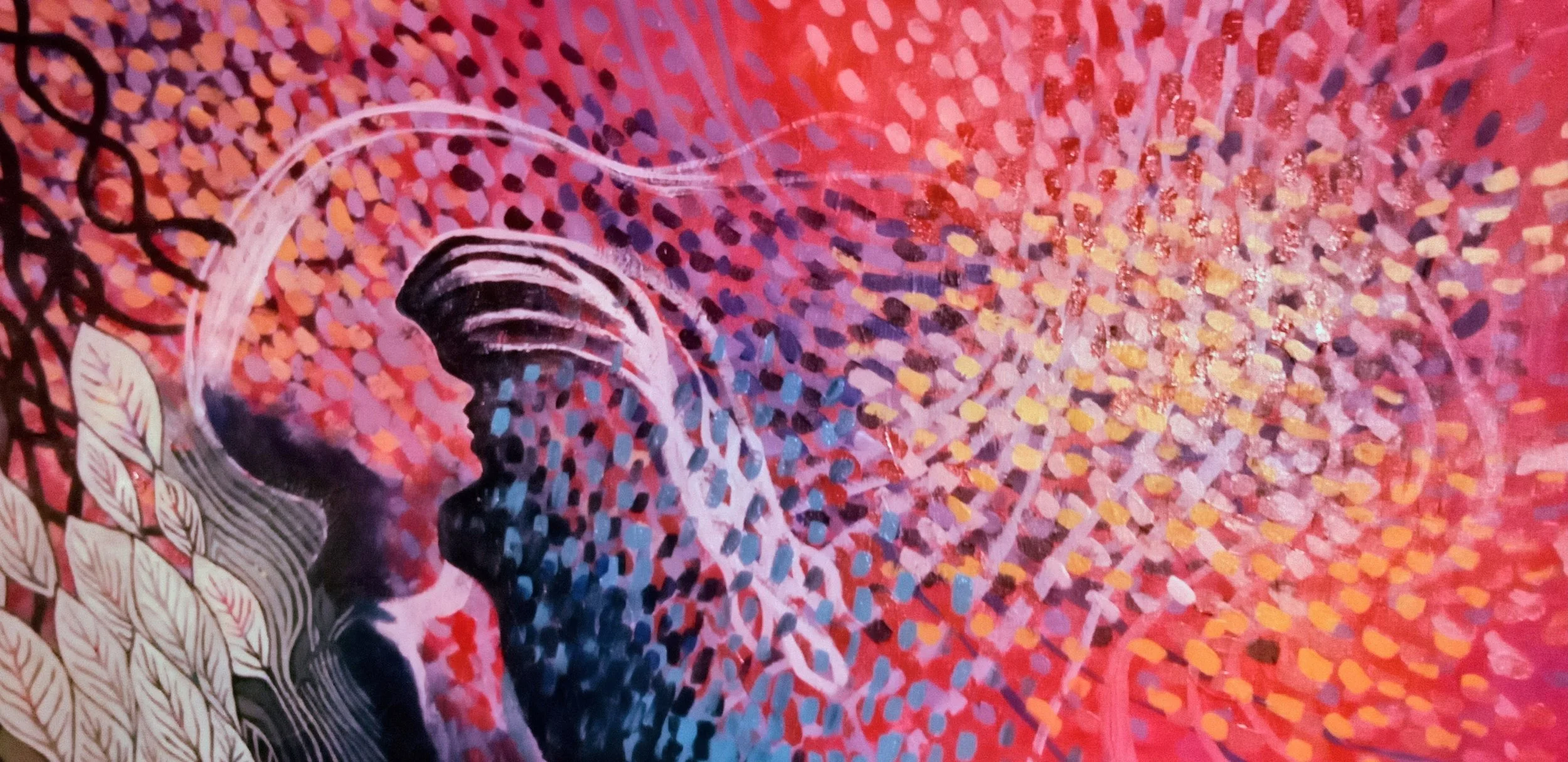 Starting with an abstract background, adding the initial sketch on top. I got inspired by a Flora Bowley paint session, keeping it loose and non judgmental for the background. It is hard to start painting intentionally on top of the very expressive m