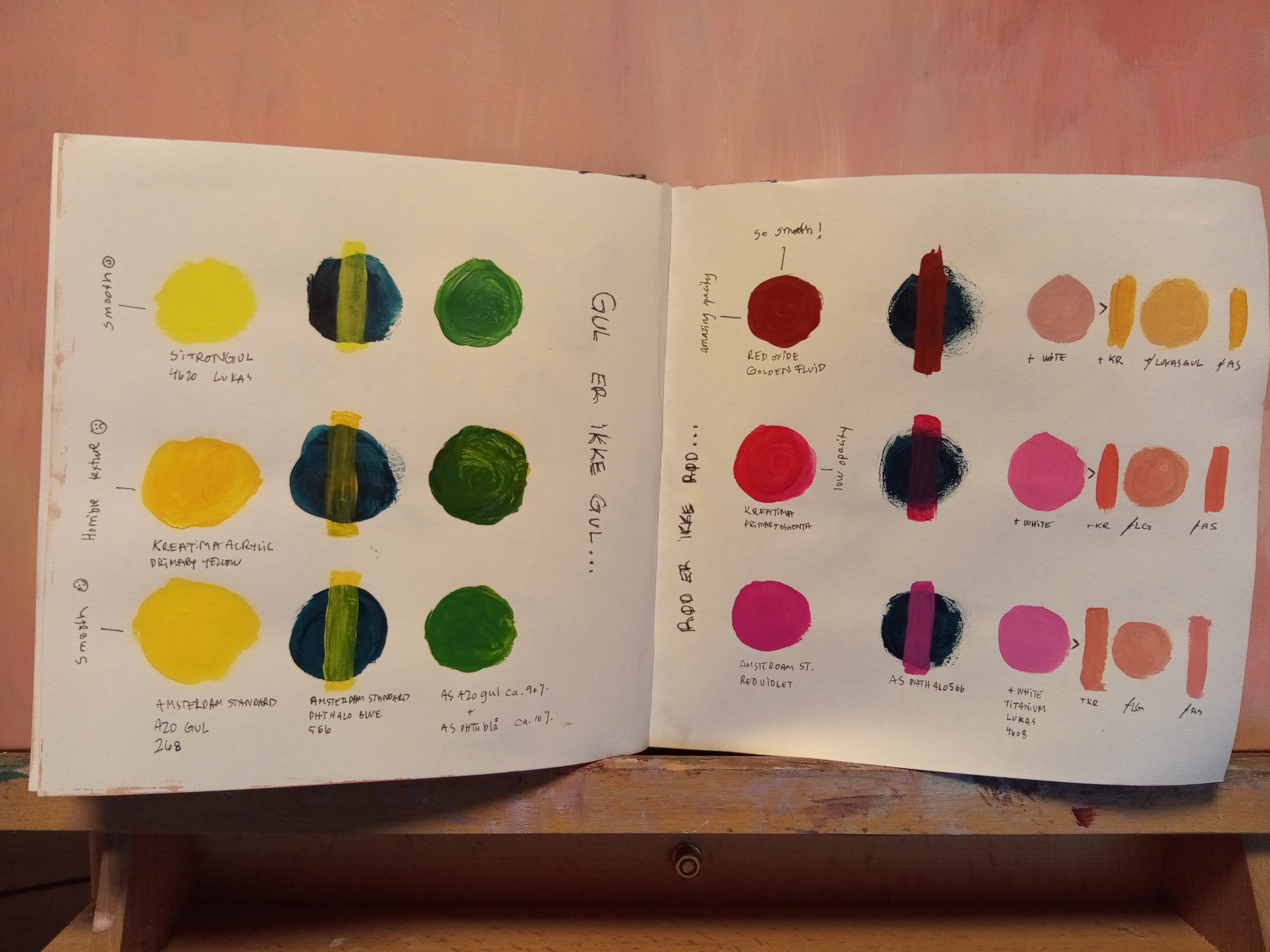 Testing color mixes. I want to do this with primary colors for a harmonic color palette. Different opacity with different brands. Golden fluid has great coverage.