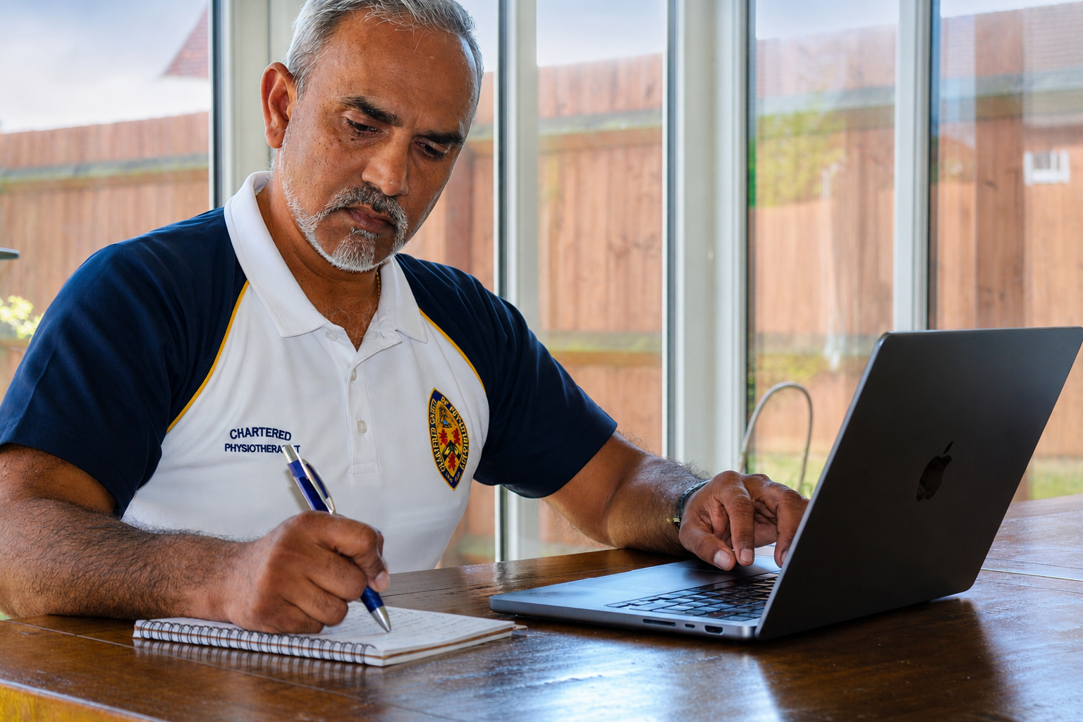 Man in a sports jersey working at a wooden table with a laptop and taking notes in a notebook.