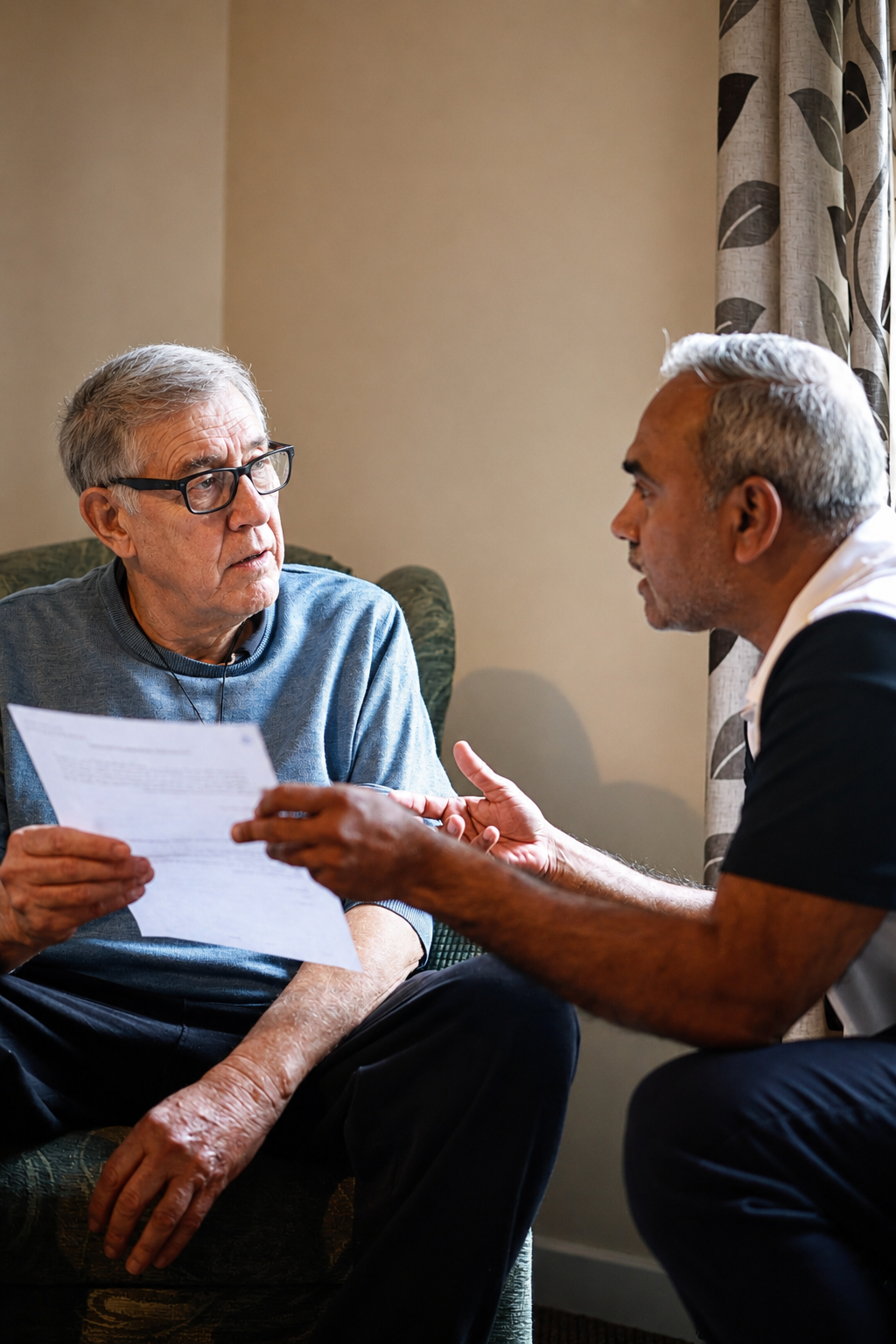 An elderly man with glasses and a younger man are engaged in a serious conversation indoors. The elderly man is holding a paper, and the younger man is gesturing with his hands, indicating an emotional or important discussion.