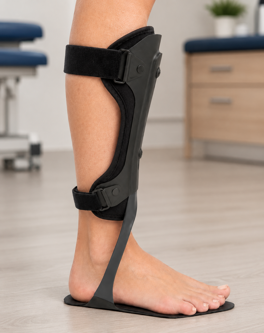 A person's lower leg and foot wearing a knee-high brace with a hinge on the side, likely for medical support or rehabilitation.