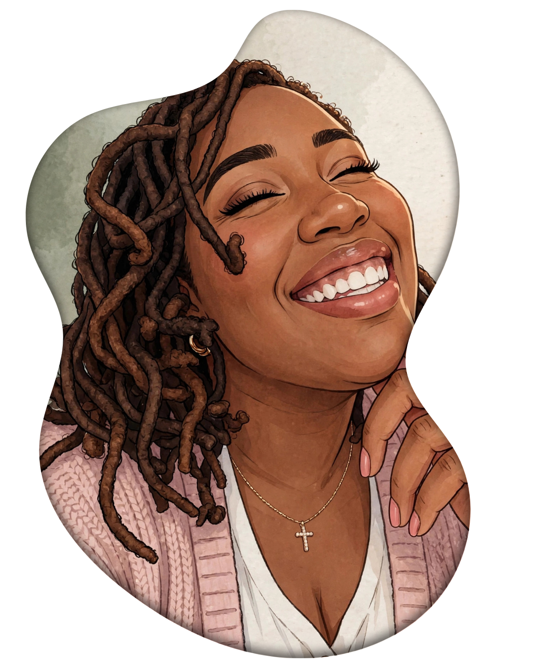 A woman with dreadlocks wearing a white hat and a cross necklace, smiling and looking happy.