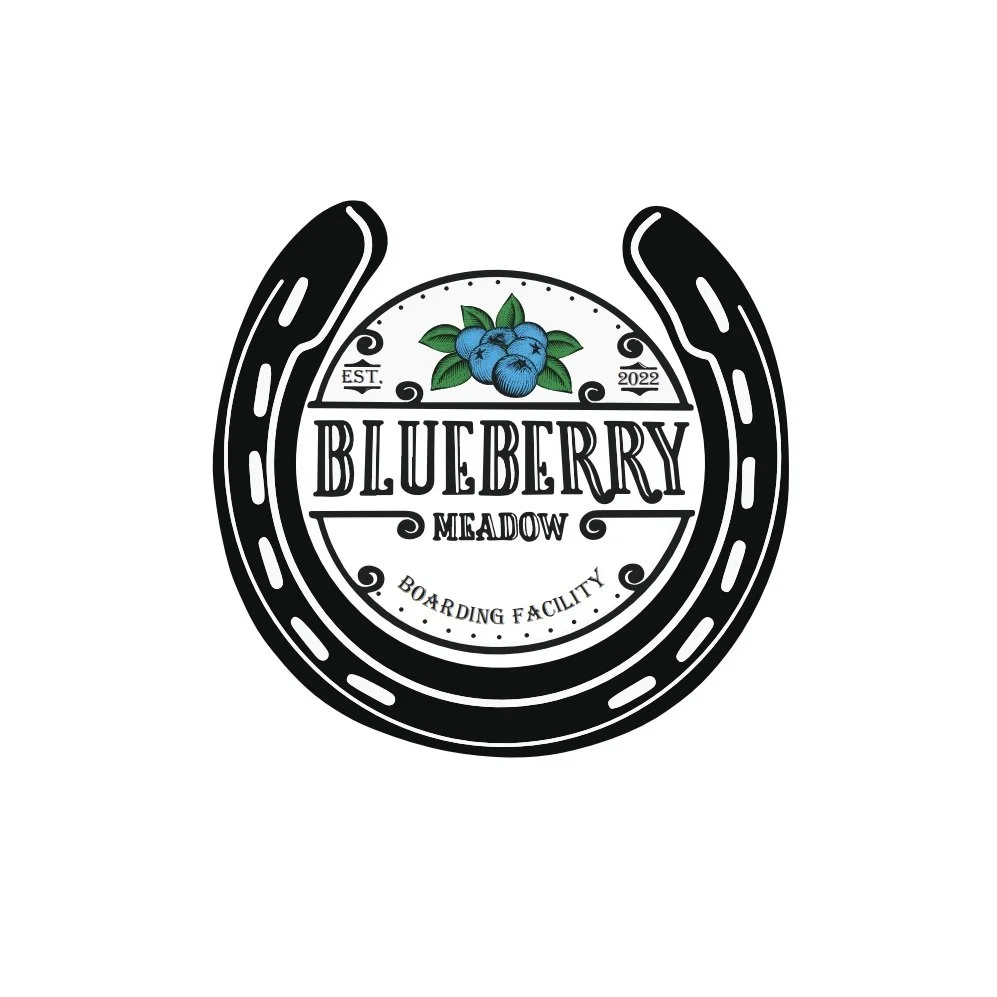 Logo with horseshoe design, featuring the words 'Blueberry Meadow Boarding Facility' and a blueberry graphic at the top, established in 2022.