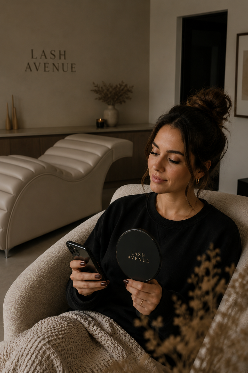 A woman sitting on a beige sofa in a spa or beauty clinic, holding a mirror with 'LASH AVENUE' written on it in her left hand and a smartphone in her right hand. She is wearing a black sweatshirt and has her hair in a messy bun.