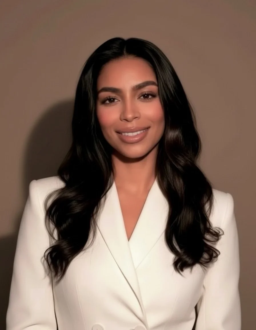 Portrait of a smiling woman with long black hair wearing a white blazer against a brown background
