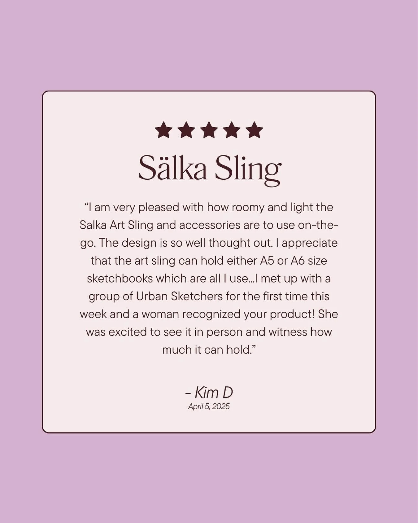 Nothing makes me happier than hearing from artists in the wild! 🎨 When fellow creators recognize quality, you know you&rsquo;ve got something special. The S&auml;lka Sling: designed by artists, for artists. ⭐️⭐️⭐️⭐️⭐️

#artsupplies #urbansketchkit #