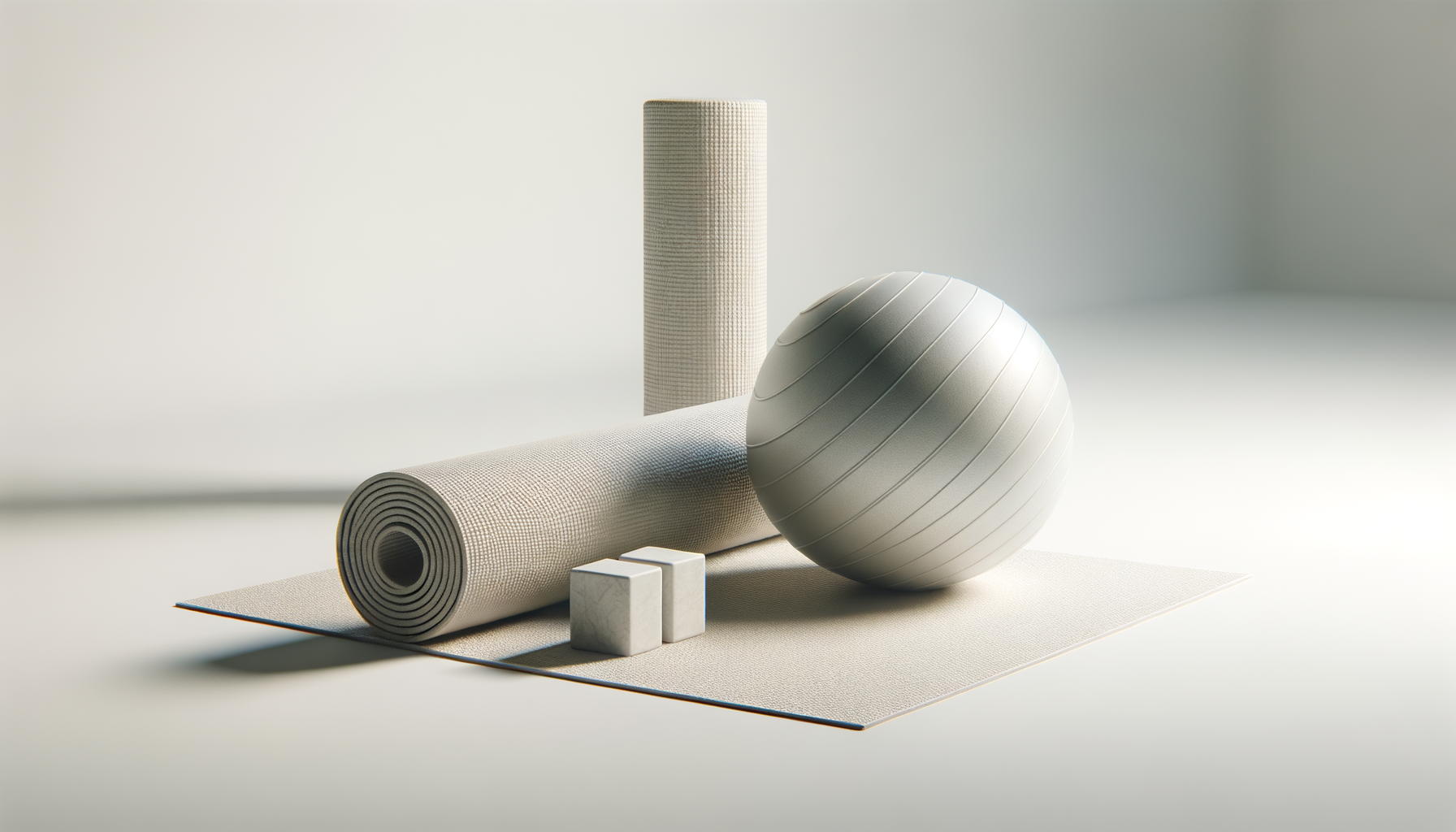 Exercise equipment including a yoga mat, foam roller, balance ball, and two small blocks.