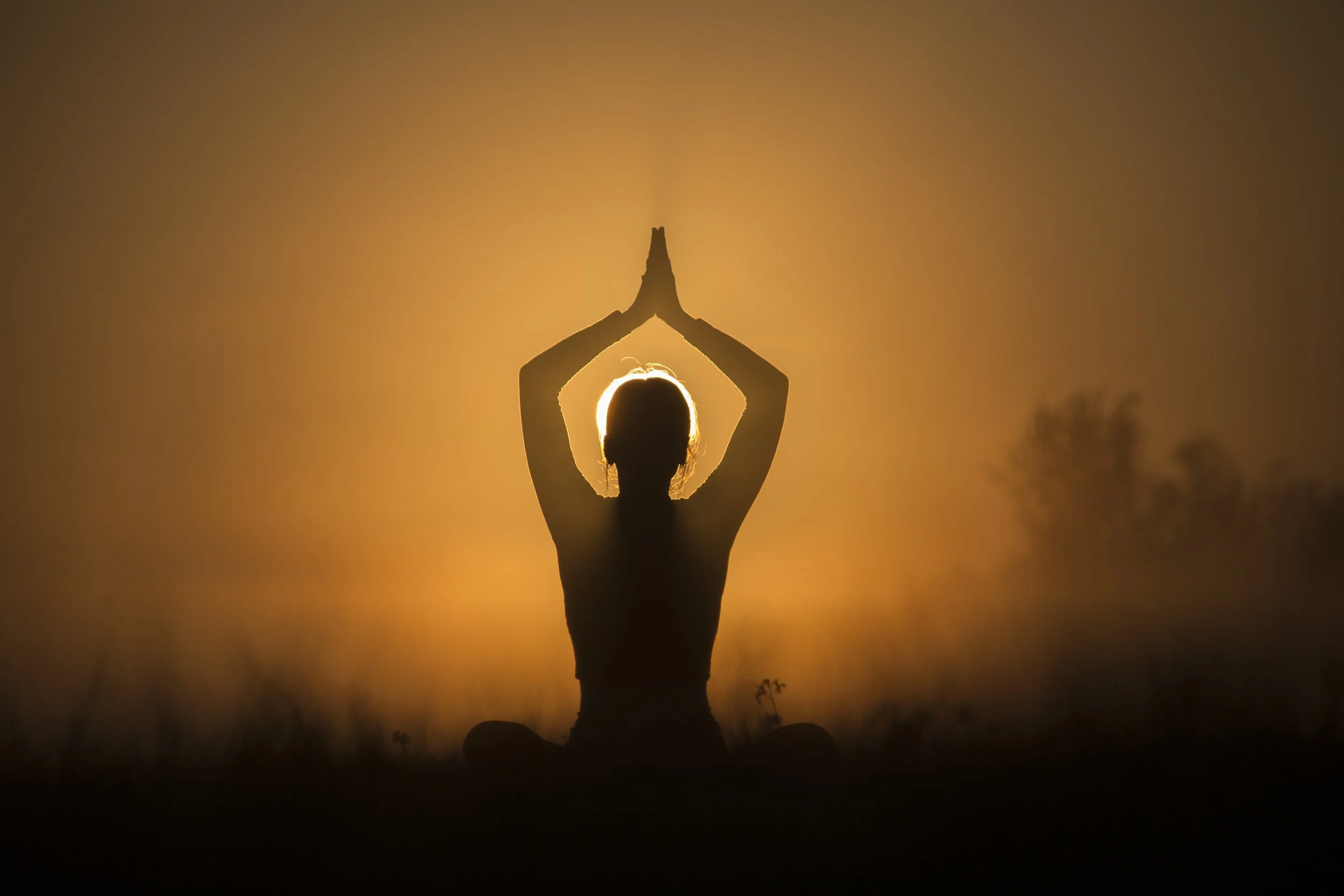 Silhouette of person meditating at sunset