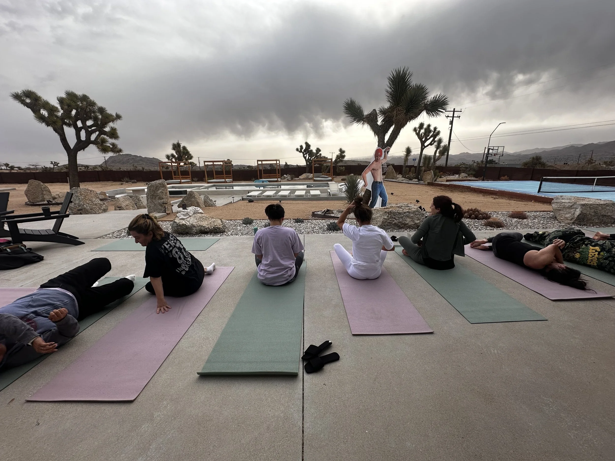 A group of people sitting outdoors on yoga mats in front of desert landscape under a cloudy sky, with a cutout figure in the background.