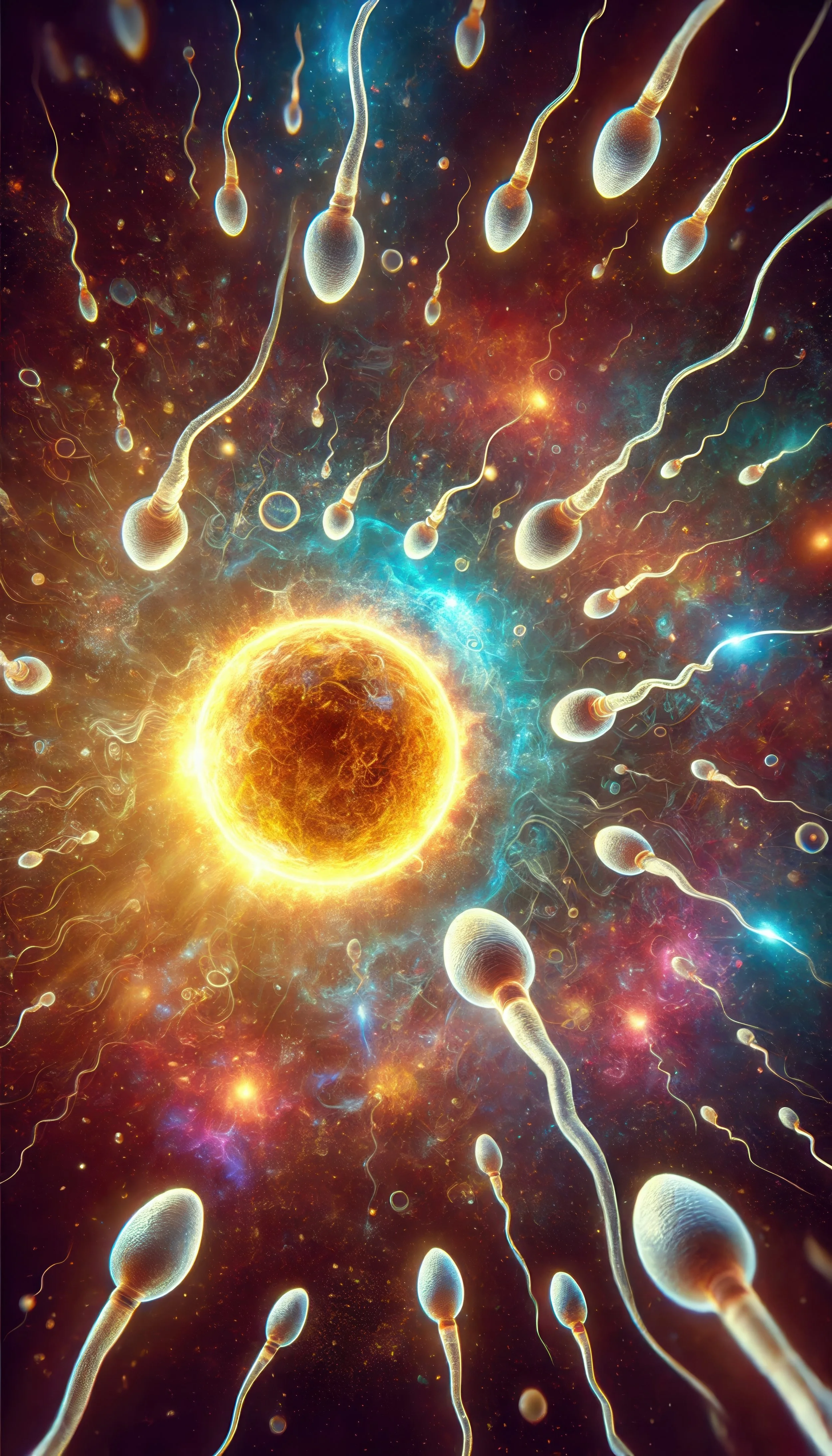 A digital depiction of sperm cells swimming through space toward a bright, fiery star.