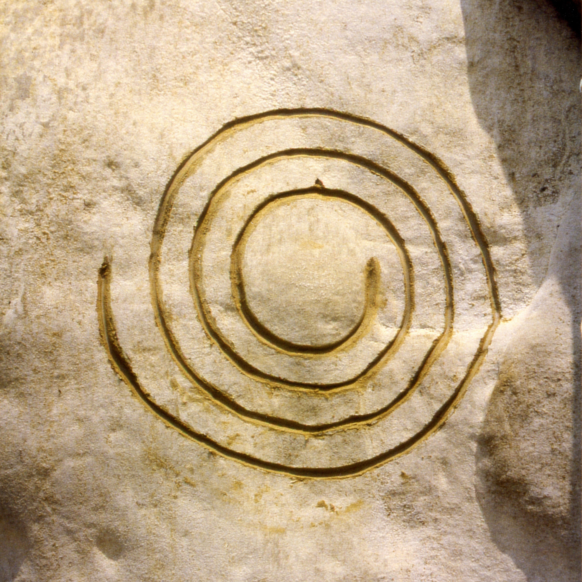 Close-up of a spiral carving in a stone surface, possibly part of a larger sculpture or architectural element.