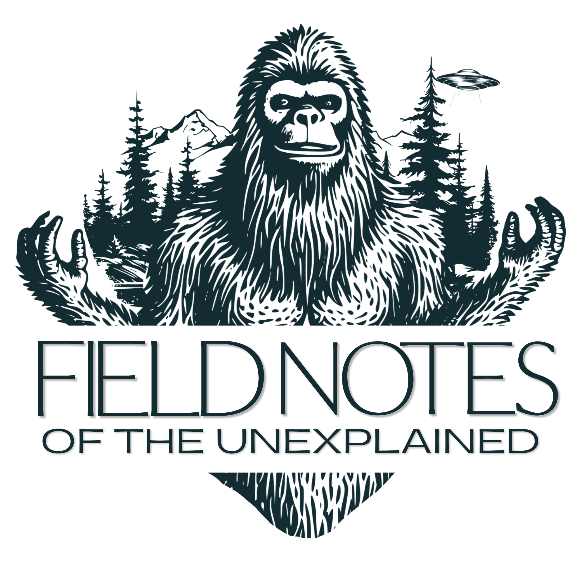 logo image filed notes of the unexplained, featuring a sassquatch/bigfoot in a inked style with a background of trees and mountains and a UFO hovering in the background