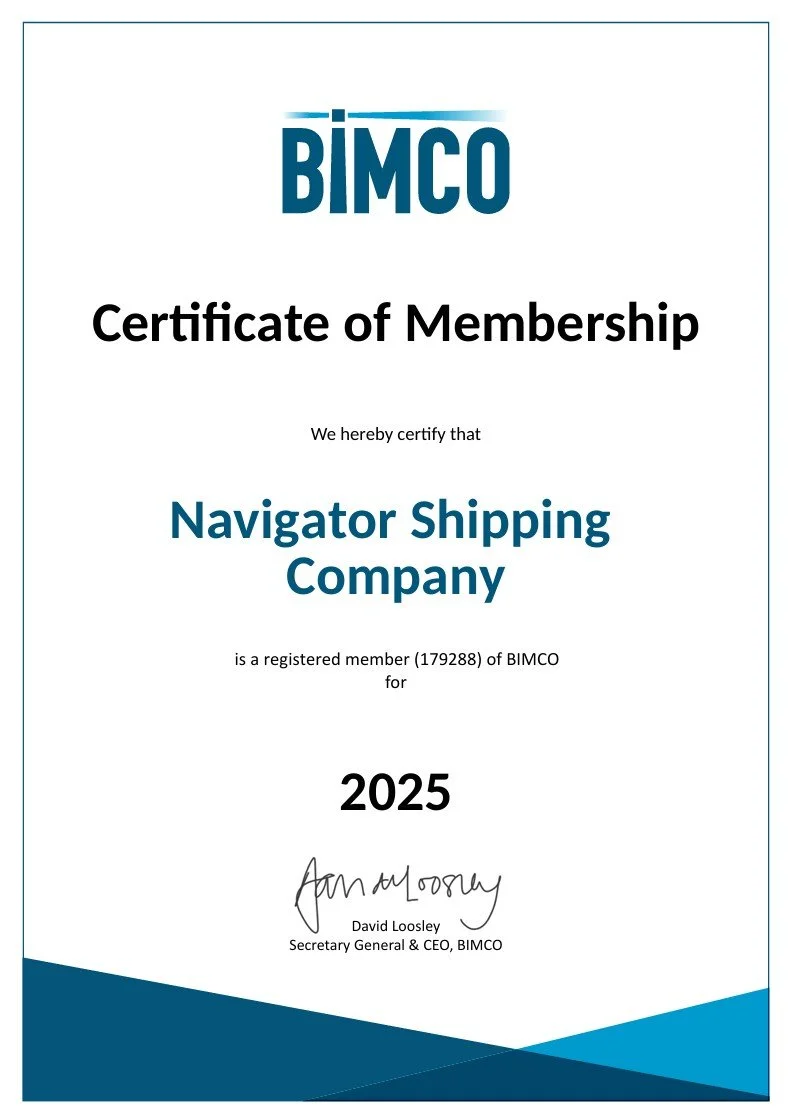 🌊 Great News! 🌍We are proud to announce that Navigator Shipping Company has once again been certified by BIMCO – the world’s leading trade association for the maritime industry! 🚢✨