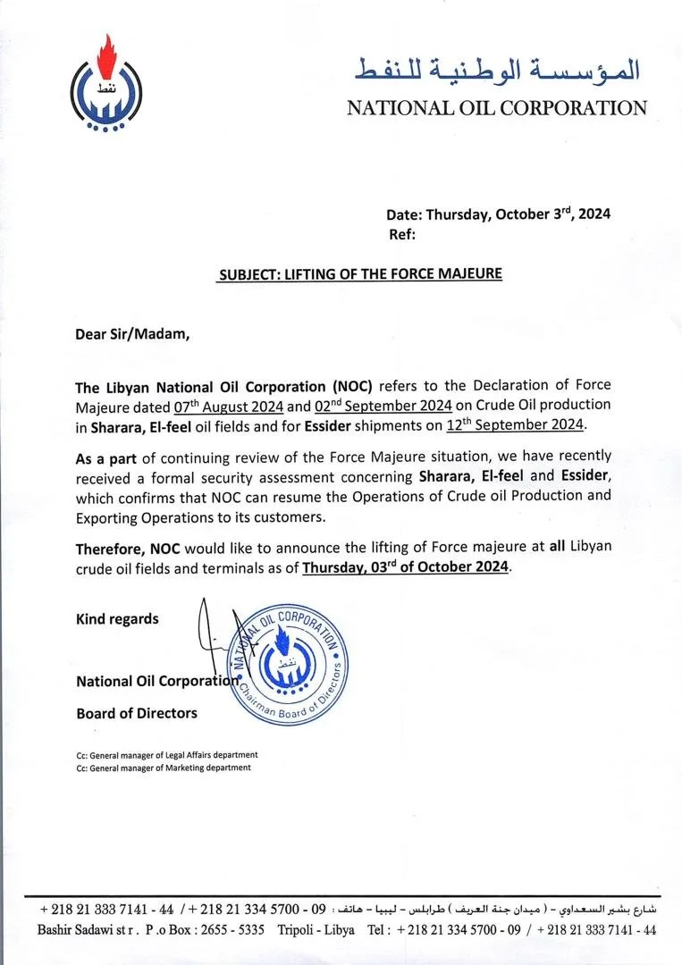 NOC Announces Lifting of Force Majeure at Libyan Crude Oil Fields and Terminals Tripoli, Libya 