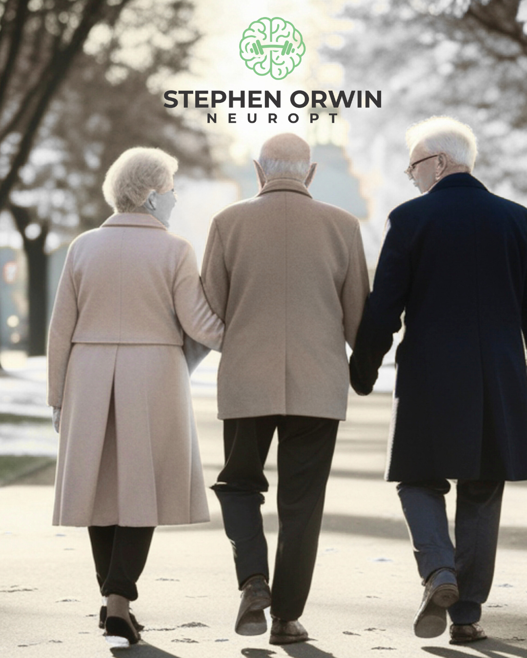 Three elderly people walking hand in hand outdoors in winter, with trees and buildings in the background. The text 'Stephen Orwin Neuropt' is at the top.