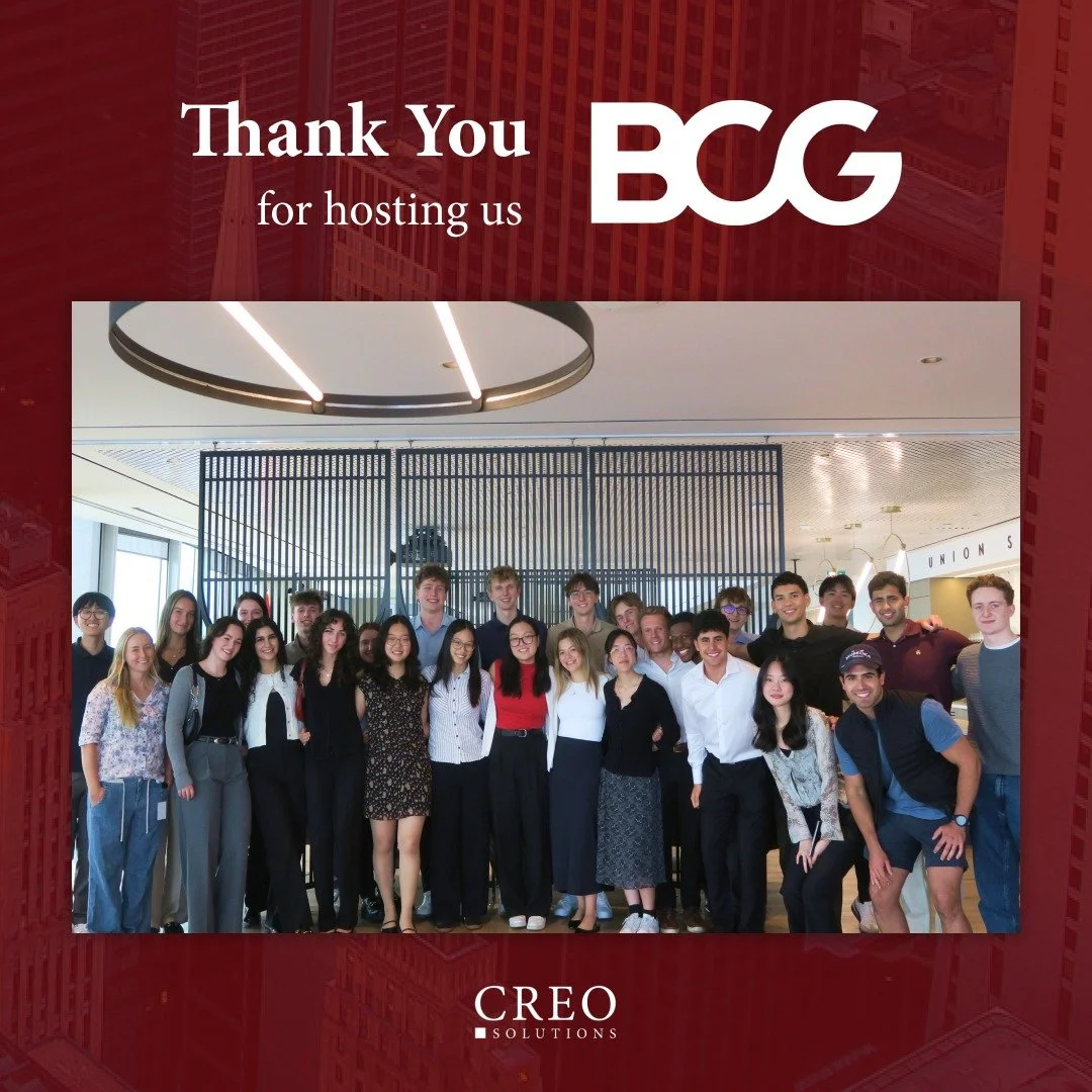 Thank you to BCG for welcoming the CREO Solutions team to their Toronto office. 

We had insightful conversations with team members across roles, touching on everything from running analysis to leadership, client communication, and team management. T
