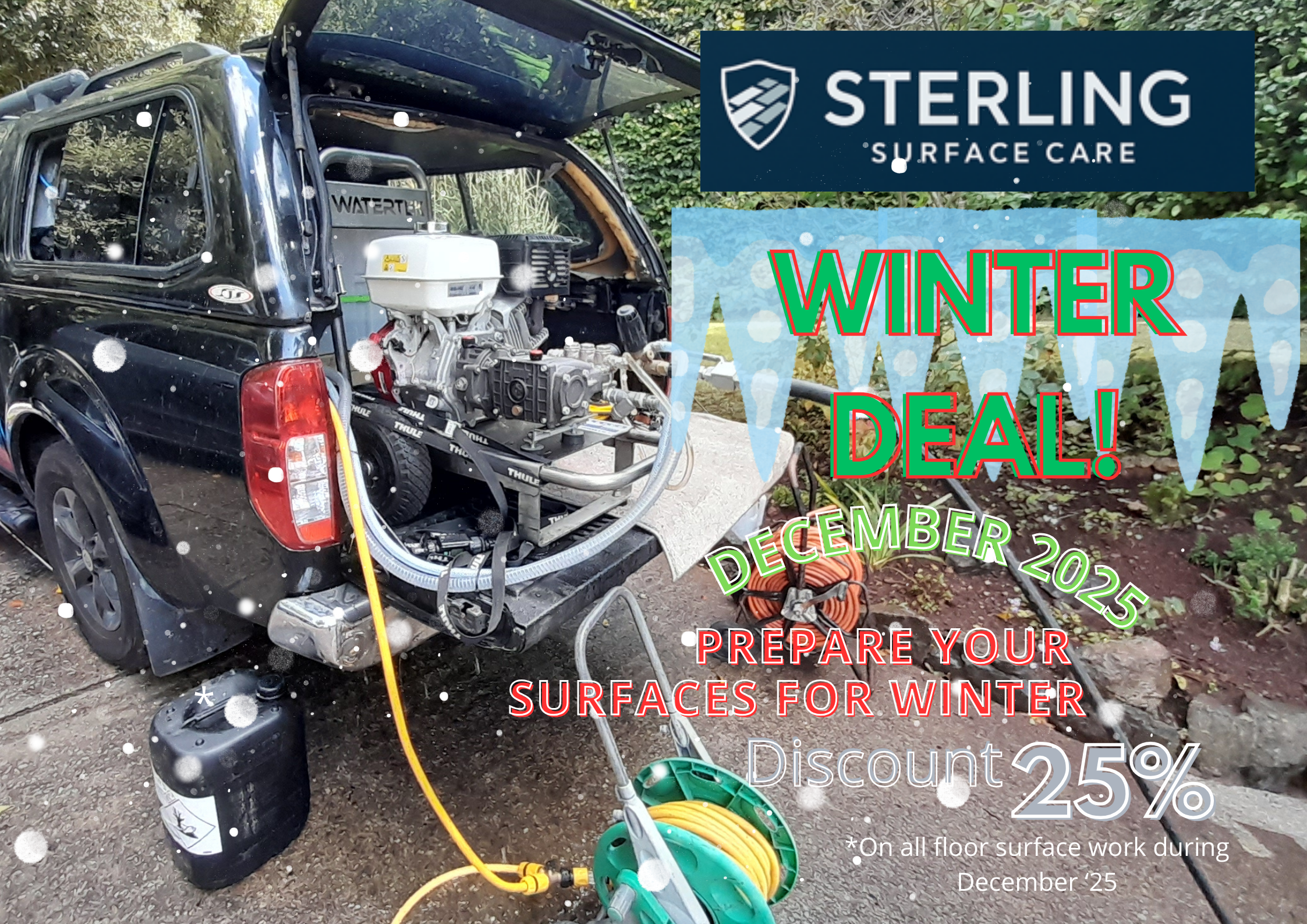 A black truck with an open tailgate revealing equipment for surface care. Text overlay announces a winter deal from Sterling Surface Care with a 25% discount on all floor surface work during December 2025.