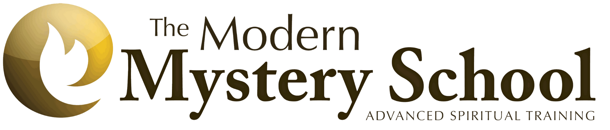 Logo for The Modern Mystery School featuring a stylized gold crescent moon and a gold circle with a cutout resembling a flame with the text 'The Modern Mystery School' and 'Advanced Spiritual Training'.