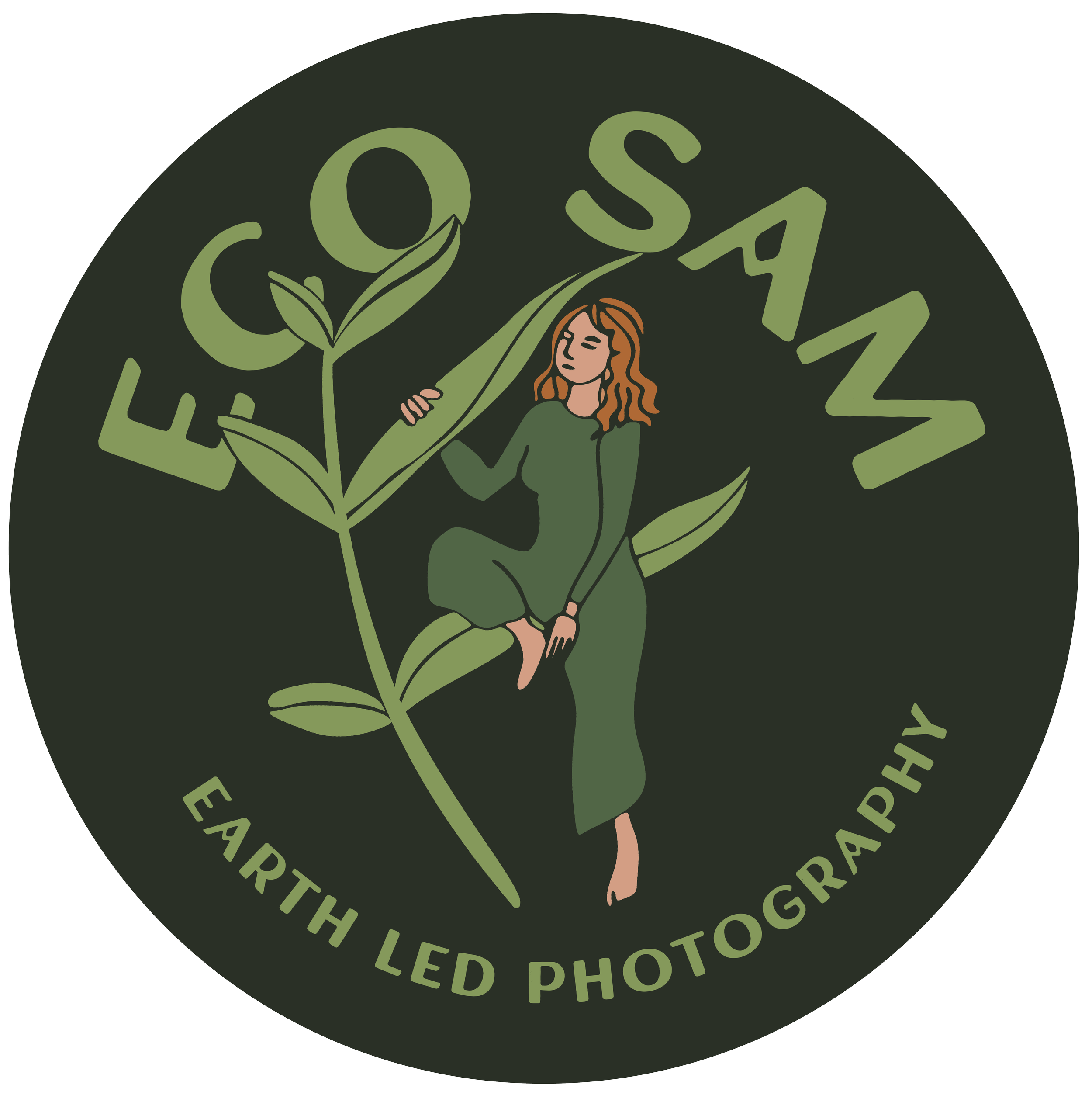 A circular logo with a woman in a green dress sitting on a large green leaf, surrounded by text that reads 'ECO SWAN' at the top and 'Earth Led Photography' at the bottom, all on a dark green background.
