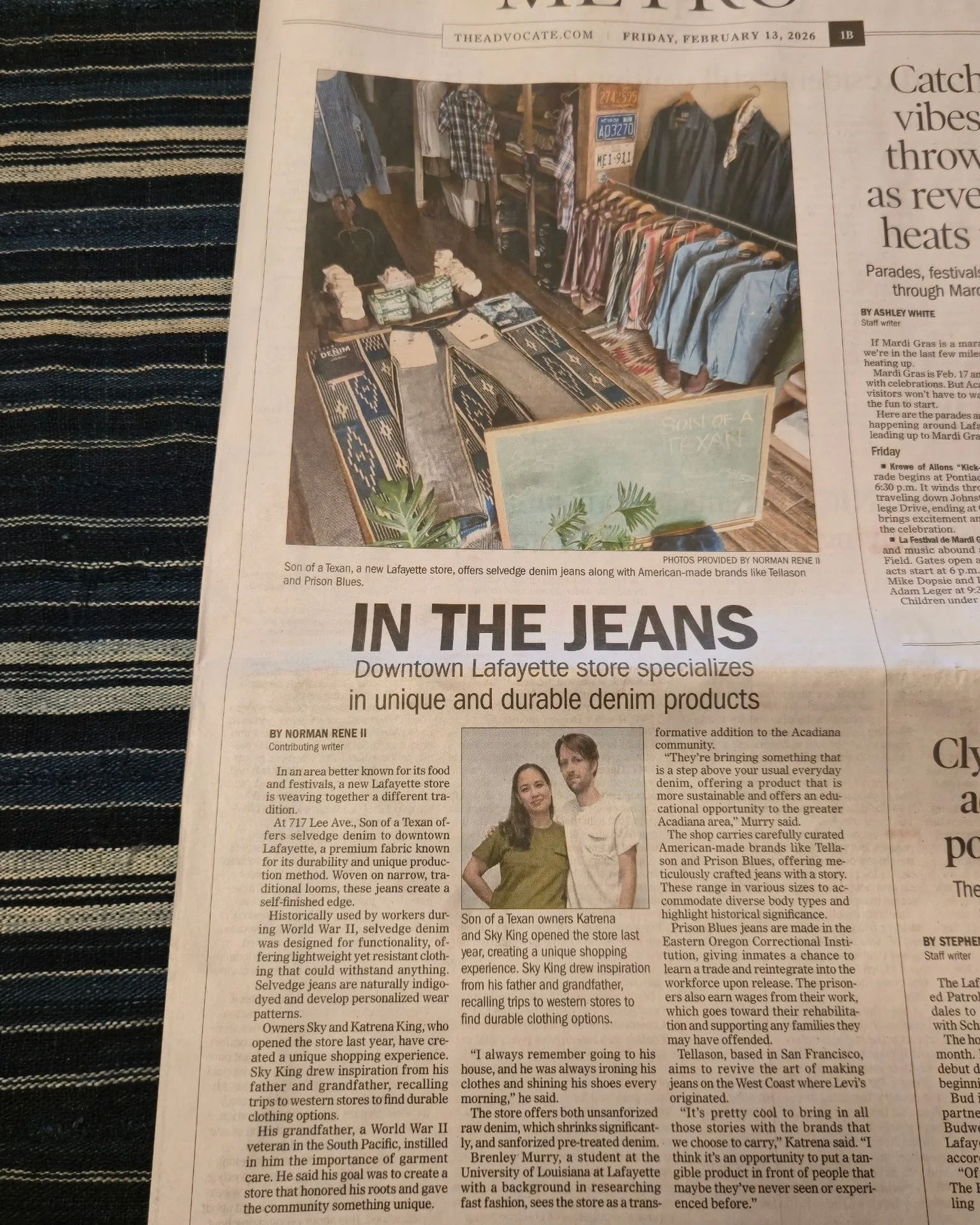 Thanks for featuring @norman_rene21's story, @theadvocateaca.

We're proud to carry brands like @tellason, @prisonbluesusa, and more in the shop. Origin stories matter, and we're glad you're part of ours. 

#newspaper #heritagewear #denim