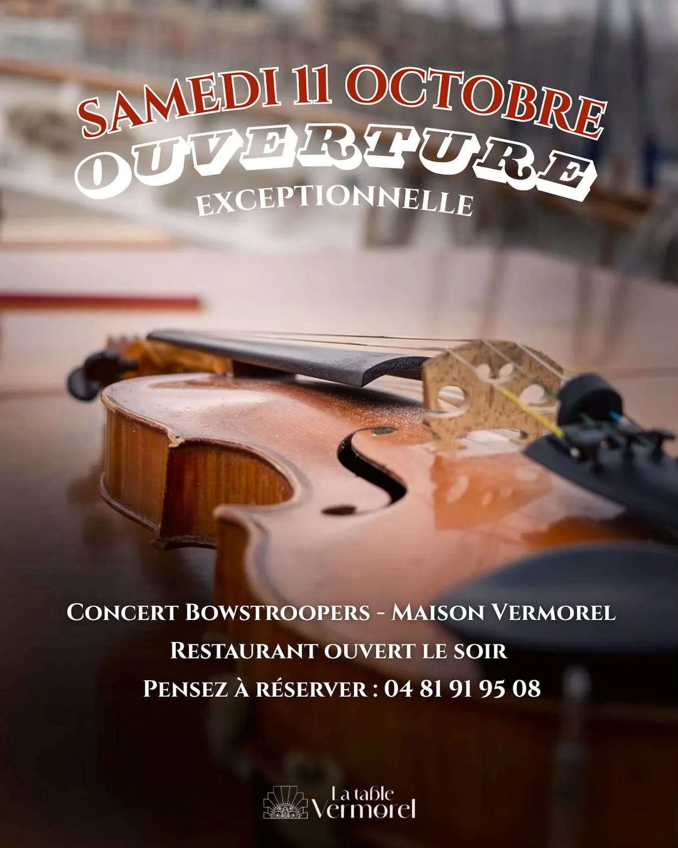 📅 Samedi 11 octobre au soir : ouverture exceptionnelle !

&Agrave; l&rsquo;occasion du concert des @bowstroopers dans les salons de la @maison_vermorel , nous ouvrons exceptionnellement nos portes pour vous accueillir au restaurant ce soir-l&agrave;