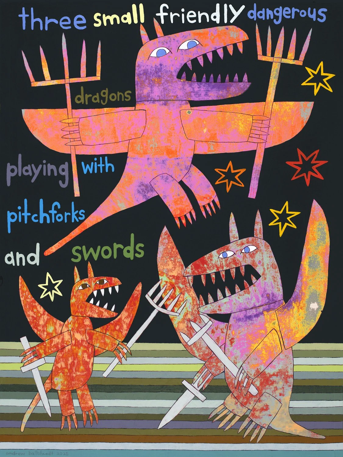 00005 - three small friendly dangerous dragons playing with pitchforks and swords - 2025 (Small).jpg