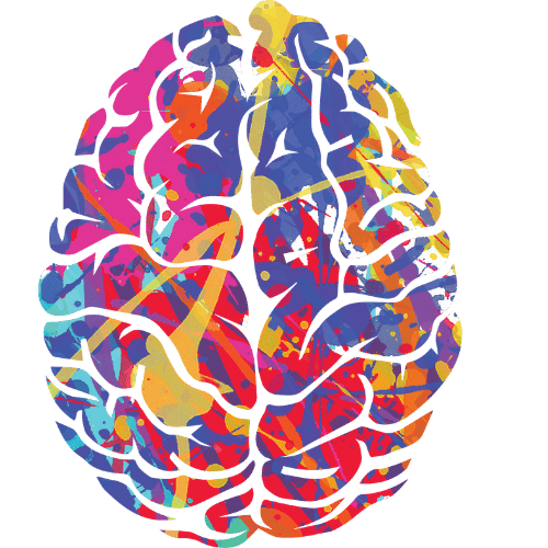 A hand-painted graphic if a brain with different colors of blue, purple, pink, red, and yellow.
