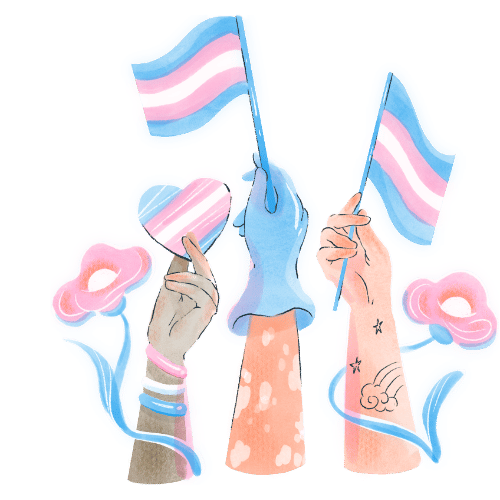 Illustration of three hands holding transgender pride flags and hearts. The hands have various tattoos and wristbands, with colorful swirling patterns and pink flowers around them.